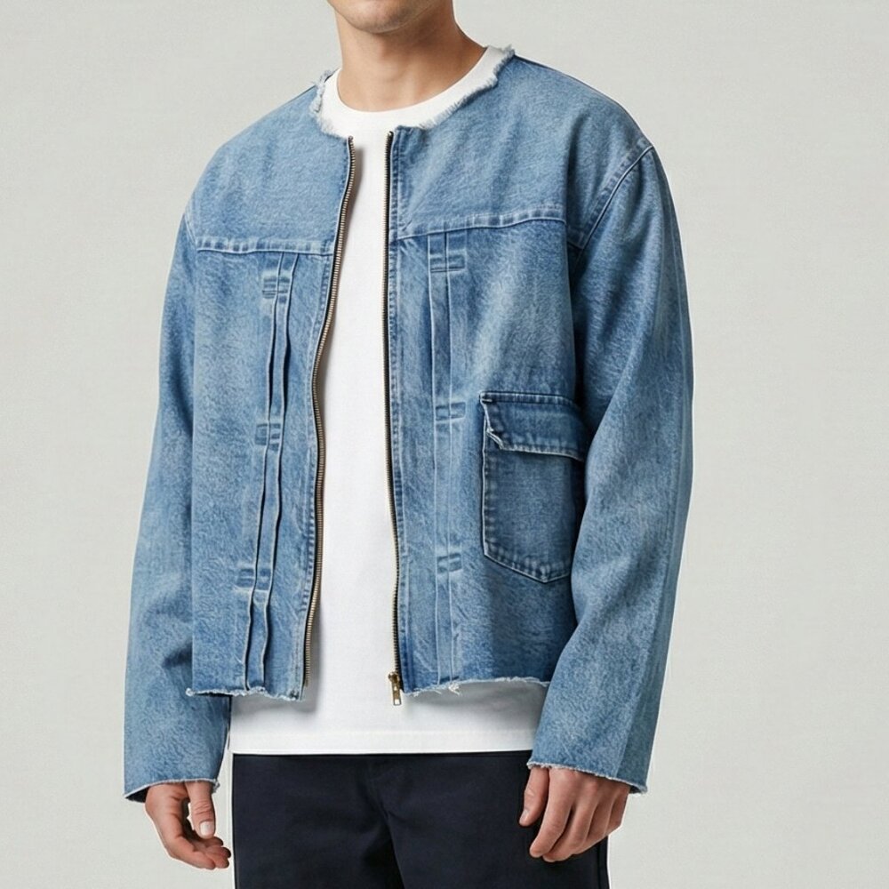 TANAKA Denim Work Jacket No Collar Raw Hem Zip Blue Mid Washed Unisex